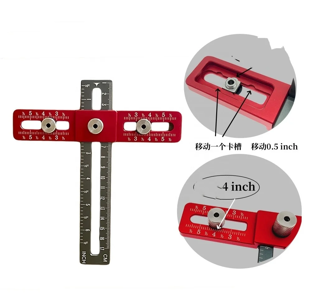 Gabarit de Perçage Réglable et Poinçon de Menuiserie pour Poignées et Boutons de Porte, Tiroir, et Armoire - Guide de Précision en Alliage d'Aluminium (CM/Pouces)